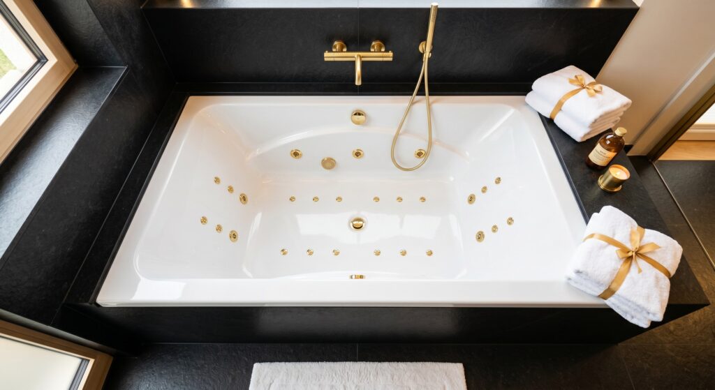 Baignoire balnéothérapie double luxueuse noire et or préparée pour soulager les tensions musculaires