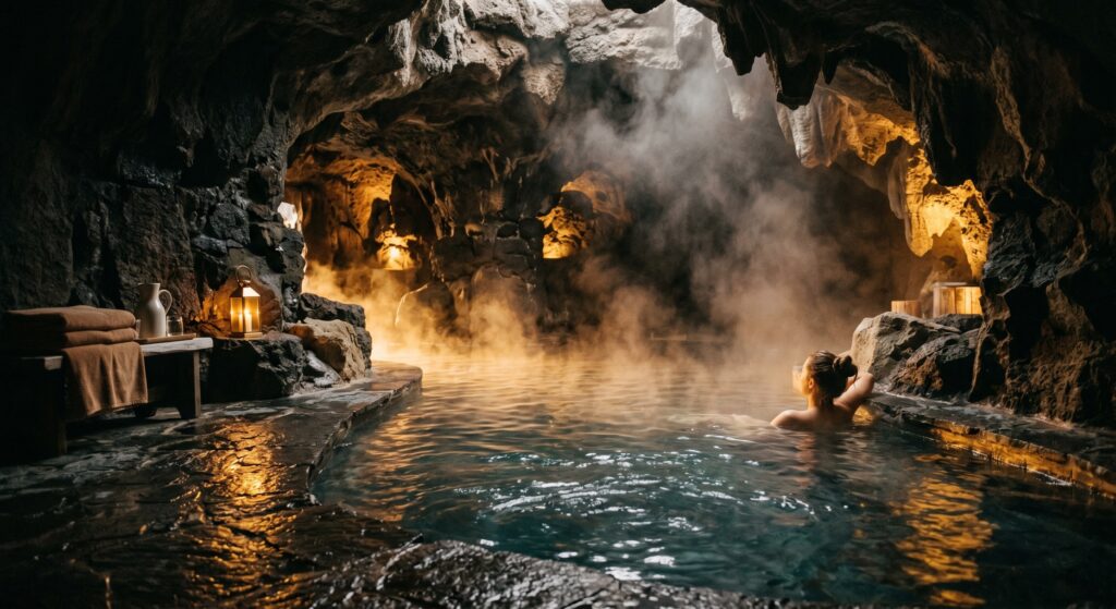 Bassin d'eau douce thermale fumante entouré de roche sombre pour une cure paramédicale apaisante