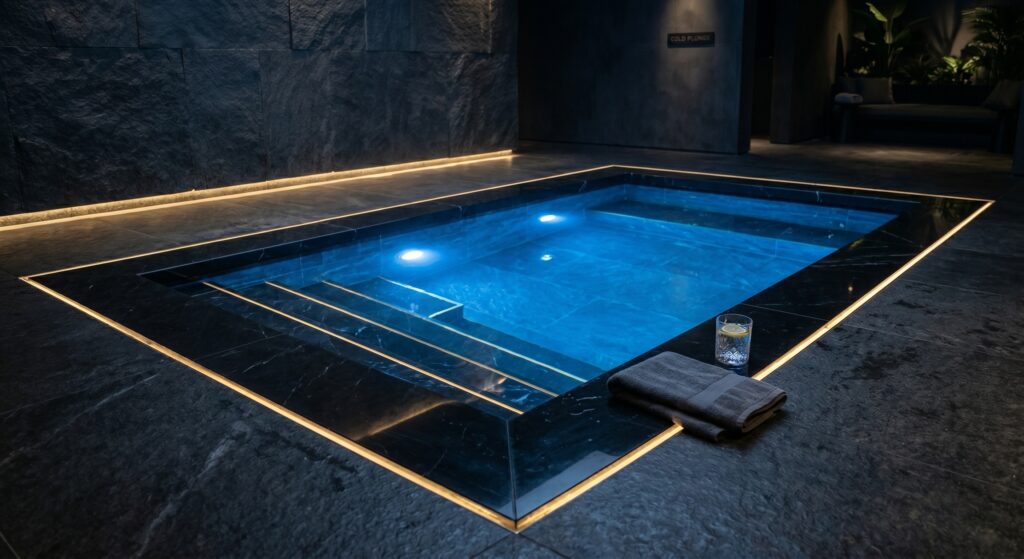 Bassin d'immersion froide luxueux en marbre noir éclairé en bleu nuit pour la méthode nordique
