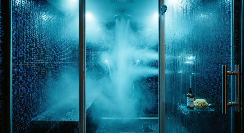 Brume de glace et brouillard polaire éclairés en bleu nuit dans une douche à expérience haut de gamme