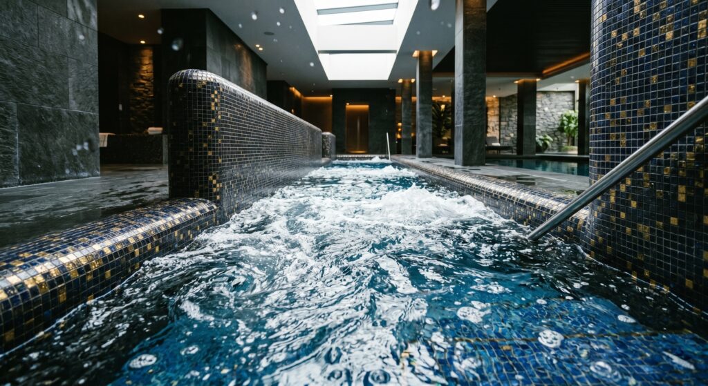 Couloir de marche à contre-courant en mosaïque bleu nuit pour relancer la circulation en thalasso