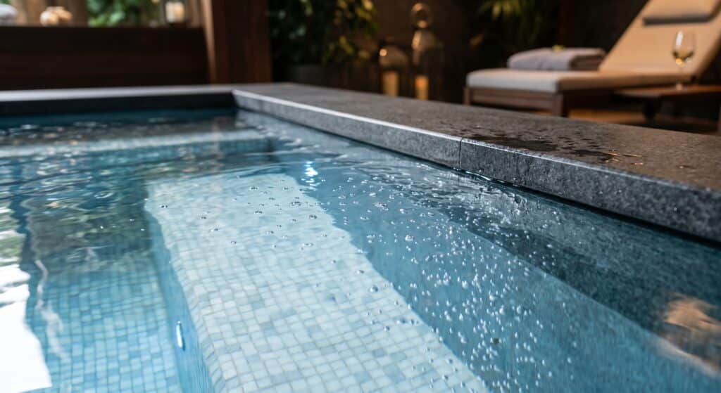 Eau cristalline et rebord parfaitement propre d'un jacuzzi dans un spa privatif démontrant une hygiène irréprochable