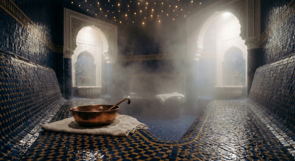 Épais brouillard de vapeur dans un hammam humide luxueux recouvert de mosaïques bleu nuit et or