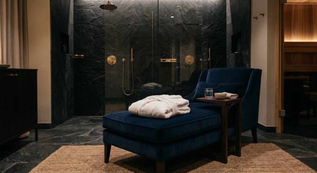 Espace de repos luxueux bleu nuit et or indispensable pour la récupération après le sauna