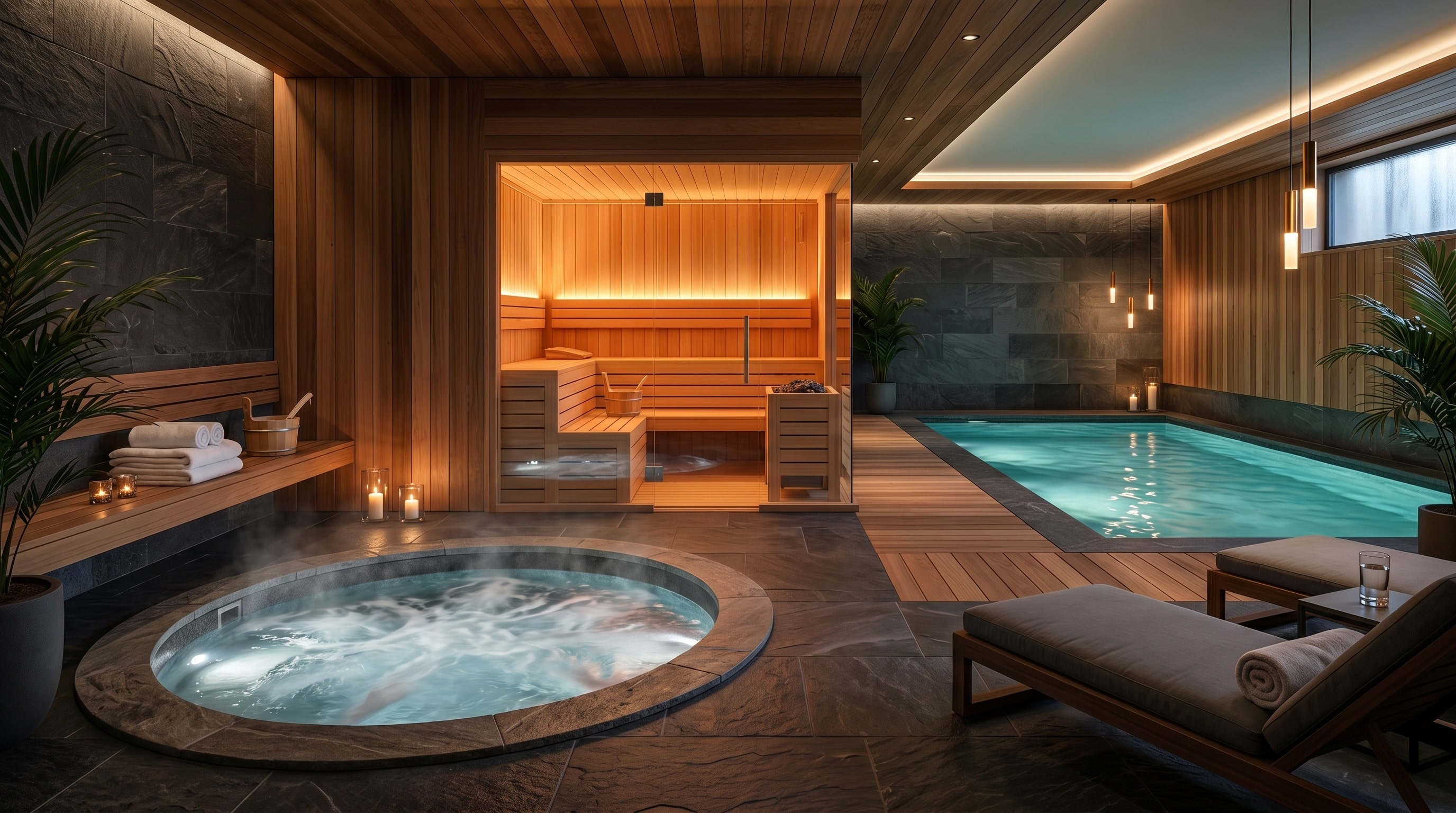 Espace spa privatif luxueux avec jacuzzi, sauna et piscine pour une détente intime