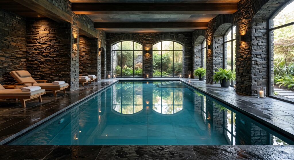 Grand bassin intérieur d'hôtel Spa à l'eau parfaitement transparente purifiée à l'oxygène actif
