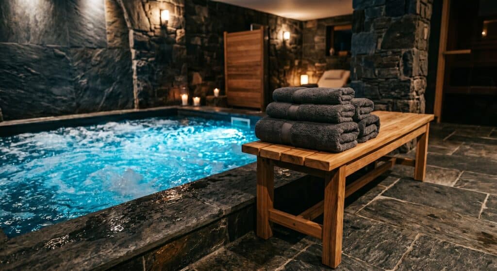 Grandes serviettes de bain moelleuses pliées sur un banc en bois près d'un jacuzzi dans un spa privatif