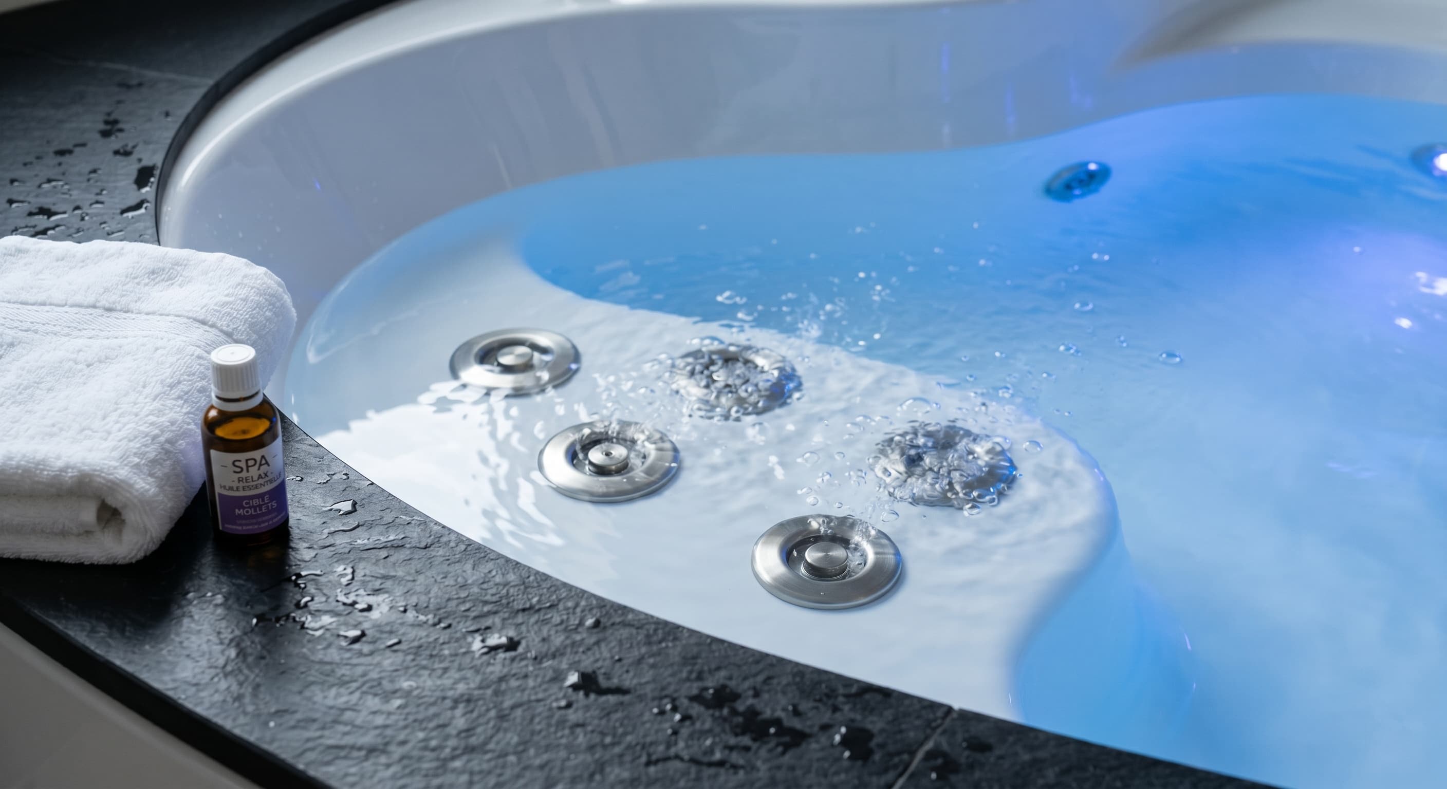Jets d'hydromassage ciblés sur la zone des jambes dans un spa luxueux pour soulager le retour veineux pendant la grossesse