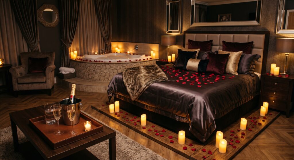 Lit King-Size romantique et baignoire balnéothérapie intégrée dans une suite Love Room luxueuse dédiée à l'intimité du couple