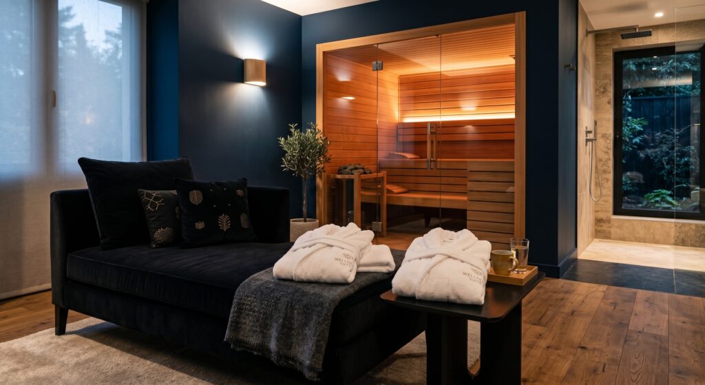 Méridienne de relaxation luxueuse près d'un sauna pour une sieste thermale lors d'un day-use l'après-midi