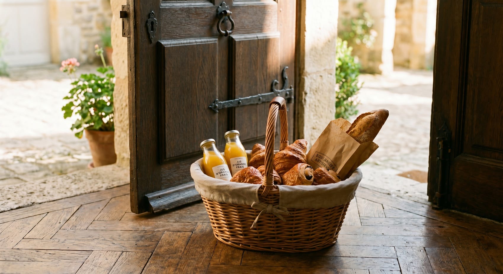 Panier de petit-déjeuner avec viennoiseries et jus d'orange déposé discrètement devant la porte d'une suite romantique