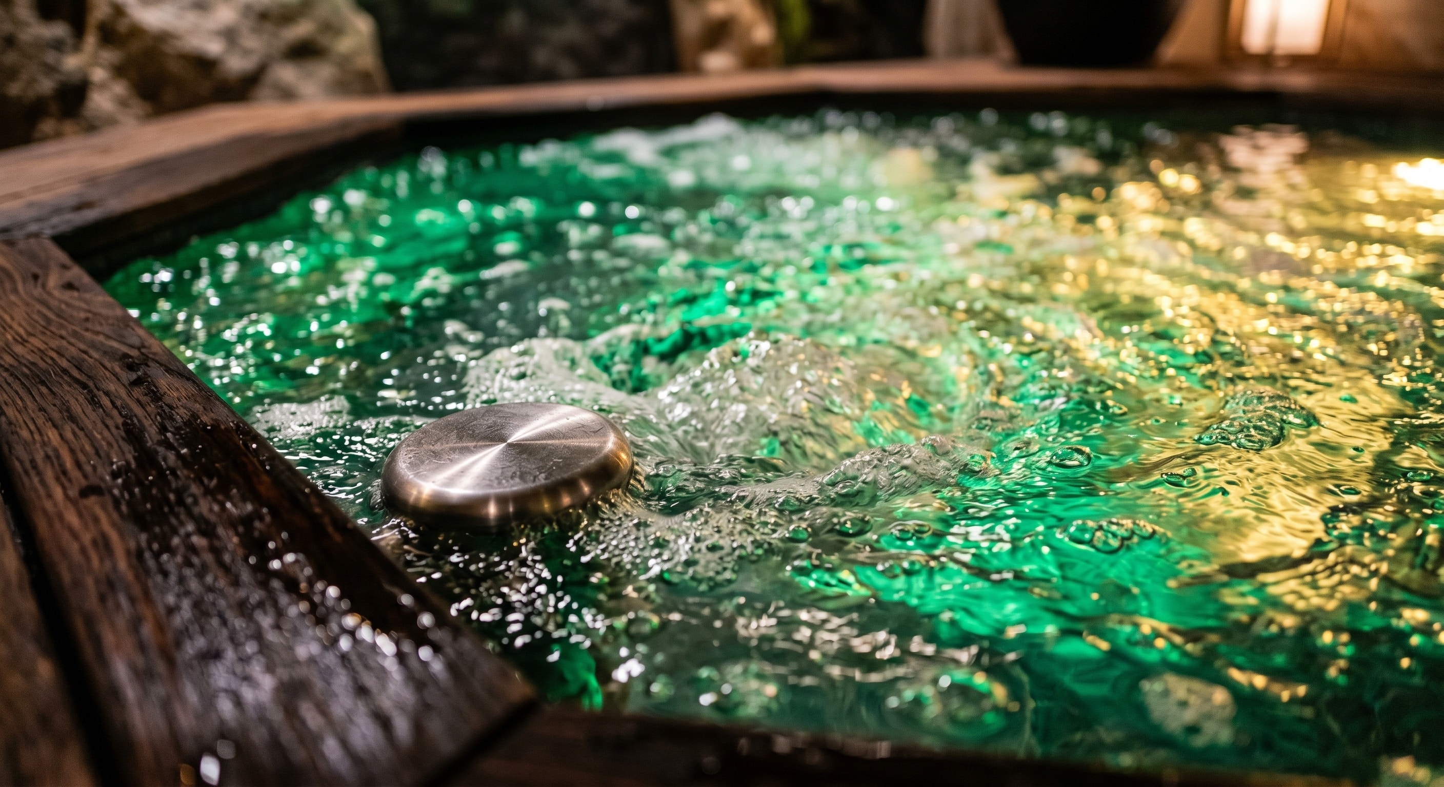 Réfraction de la lumière LED émeraude et or dans l'eau bouillonnante d'un spa pour la régénération cellulaire-clean