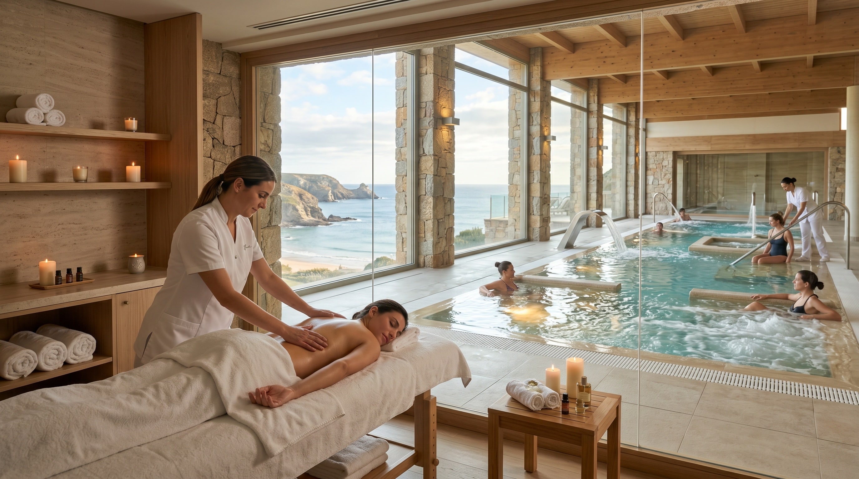 Scène de massage professionnel et parcours aquatique dans un institut de thalassothérapie et de bien-être luxueux