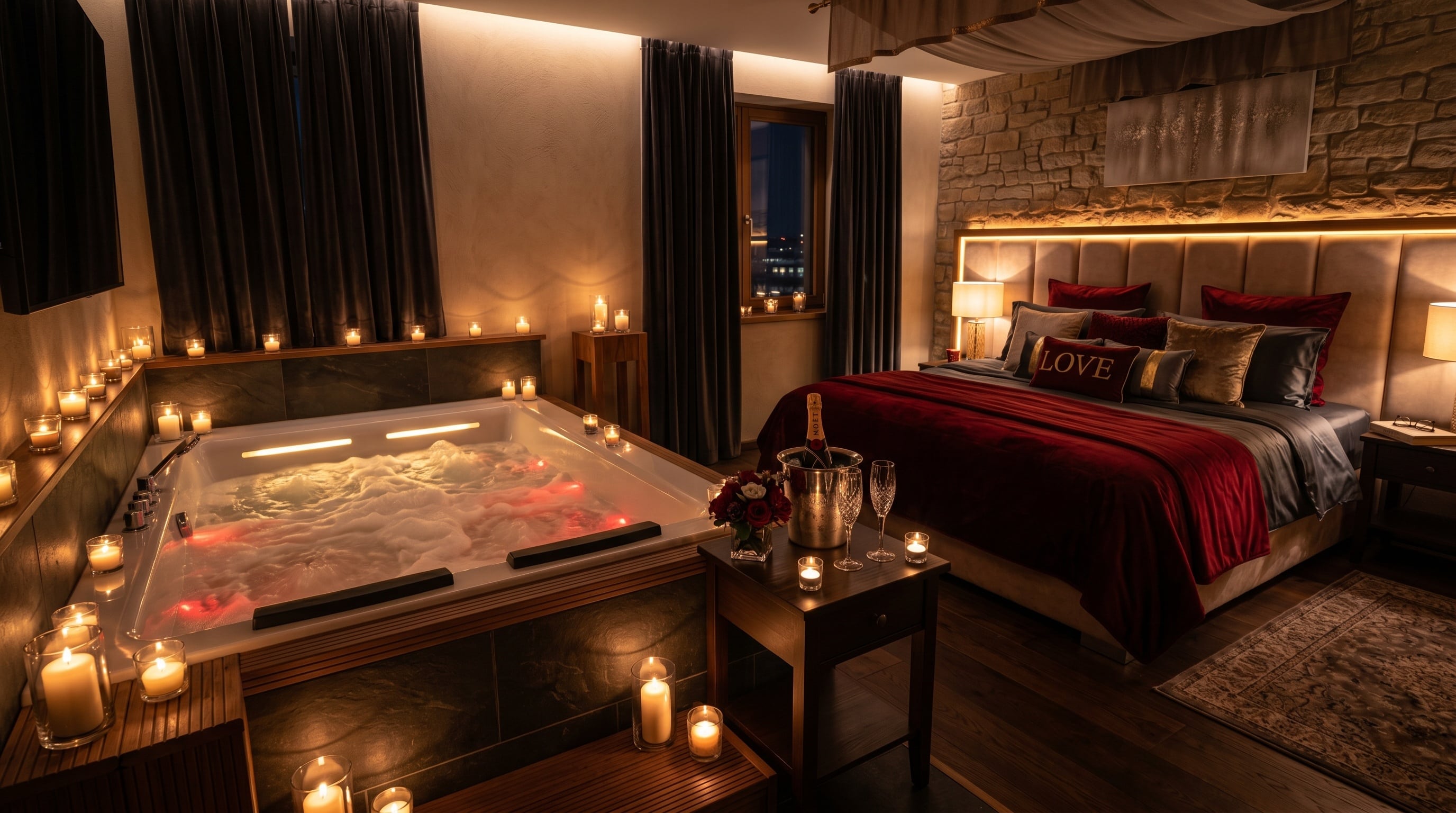 Suite romantique insolite type Love Room avec lit double et jacuzzi privatif intégré dans la chambre pour une nuit discrète