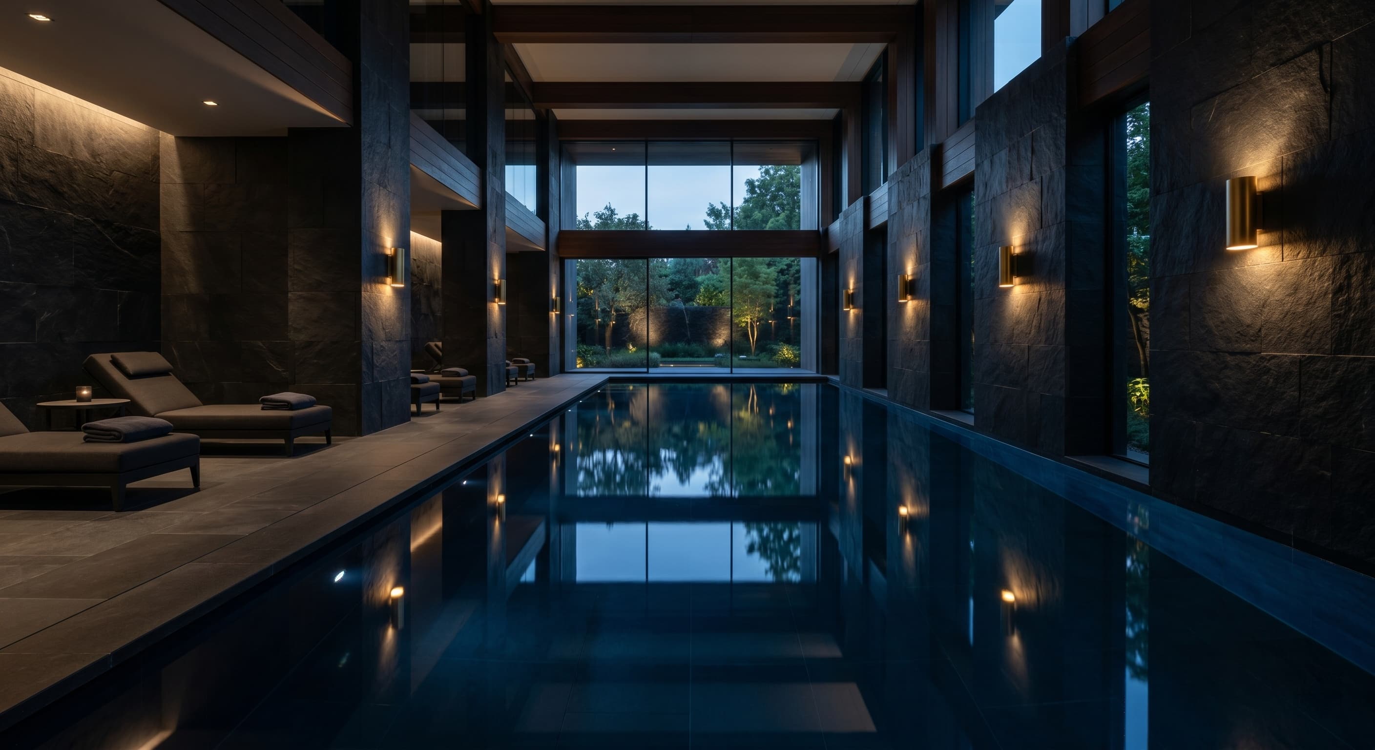 Vaste piscine intérieure privée de luxe aux teintes bleu nuit pour une décompression hydrostatique totale