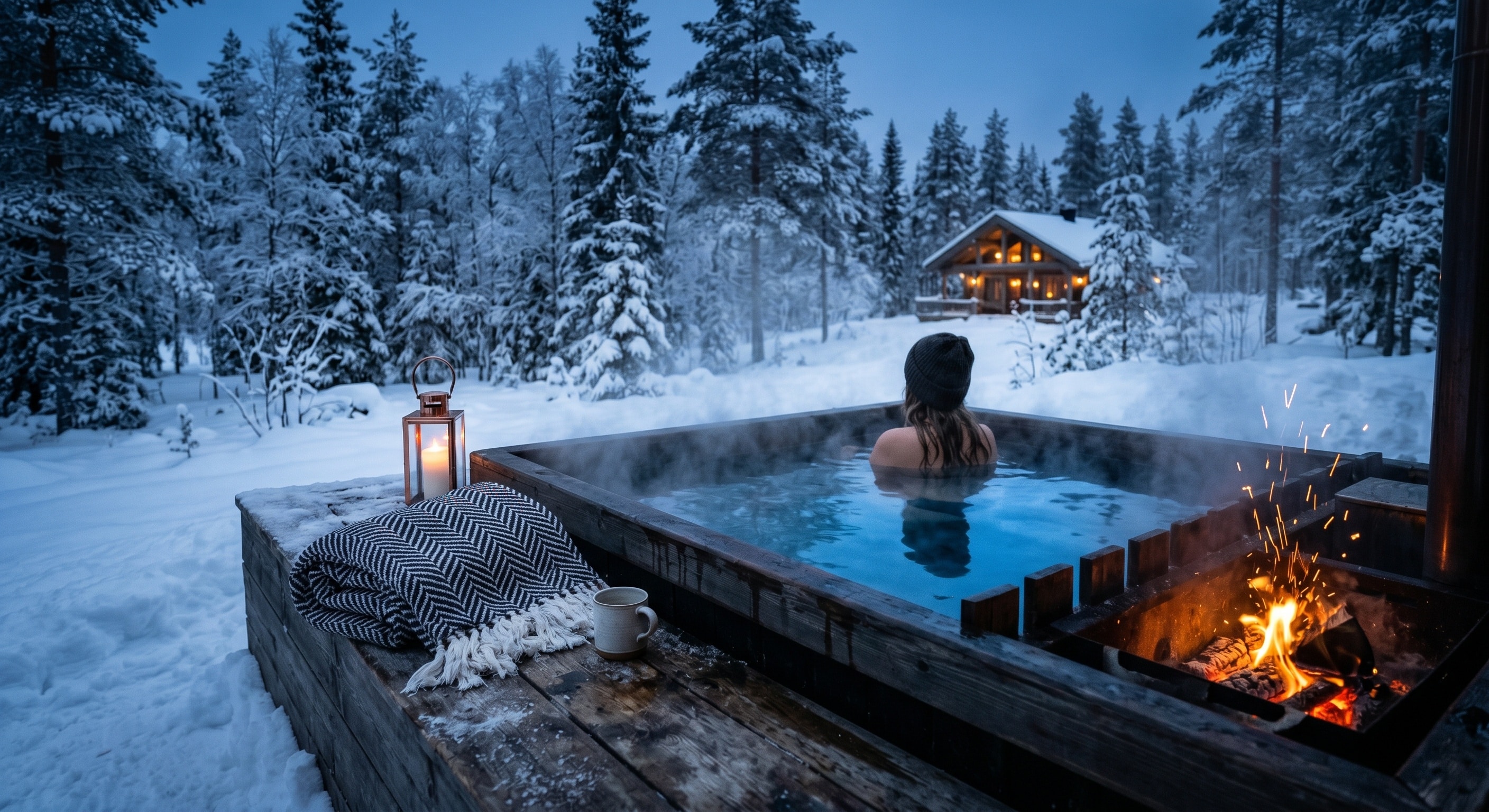 Bain suédois luxueux entouré de neige blanche illustrant le puissant contraste thermique hivernal en forêt