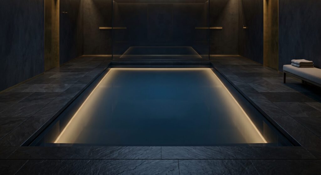 Bassin de flottaison luxueux en ardoise noire et bleu profond pour une séance d'isolation sensorielle en apesanteur