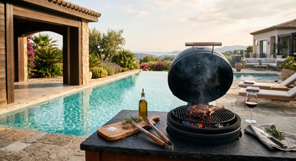 Cuisine d'été luxueuse avec barbecue haut de gamme au bord d'une piscine privée pour une micro-aventure parfaite-clean