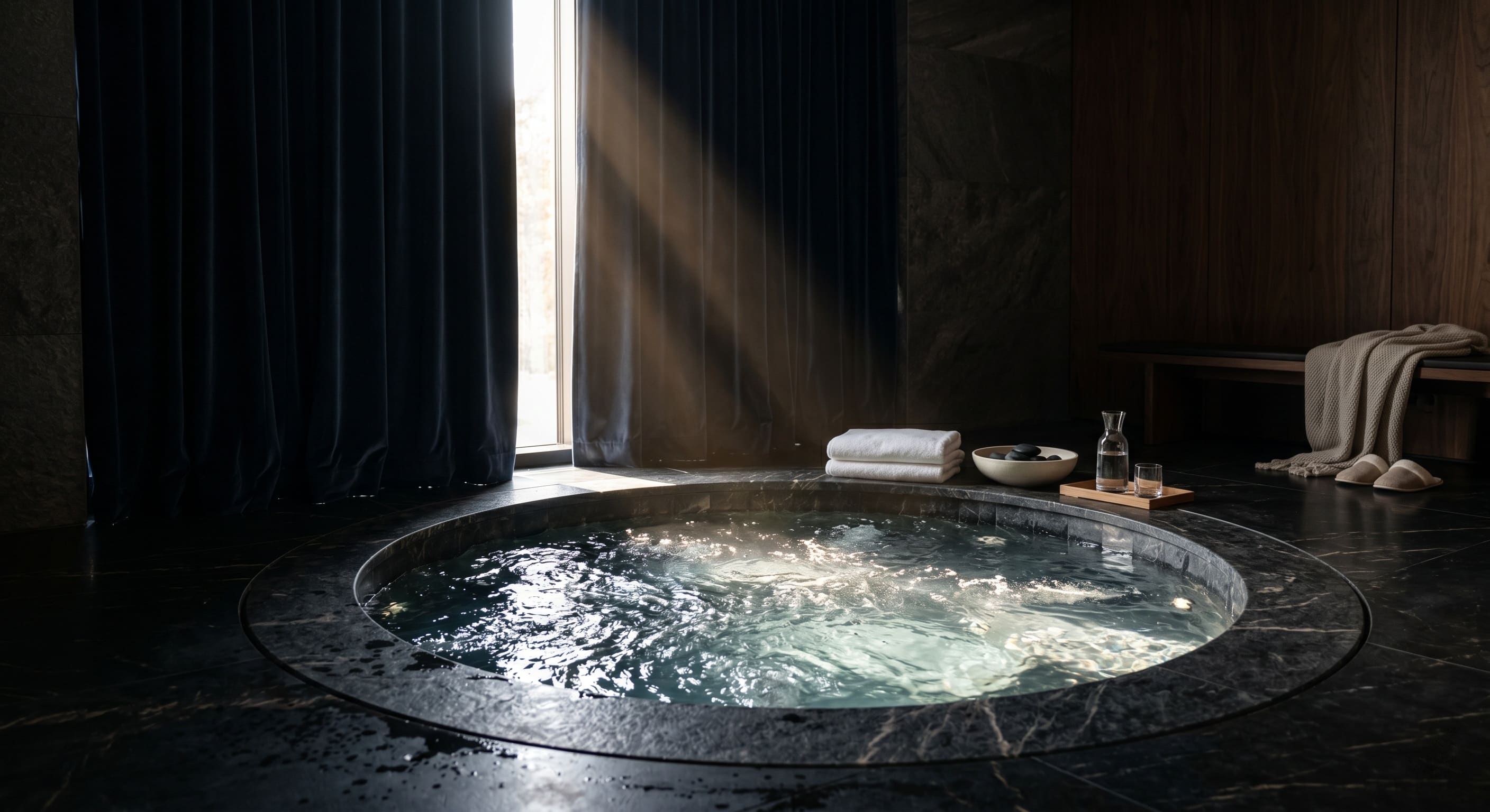 Doux rayon de soleil d'après-midi éclairant un luxueux jacuzzi privatif lors d'une évasion en Day-Use-clean