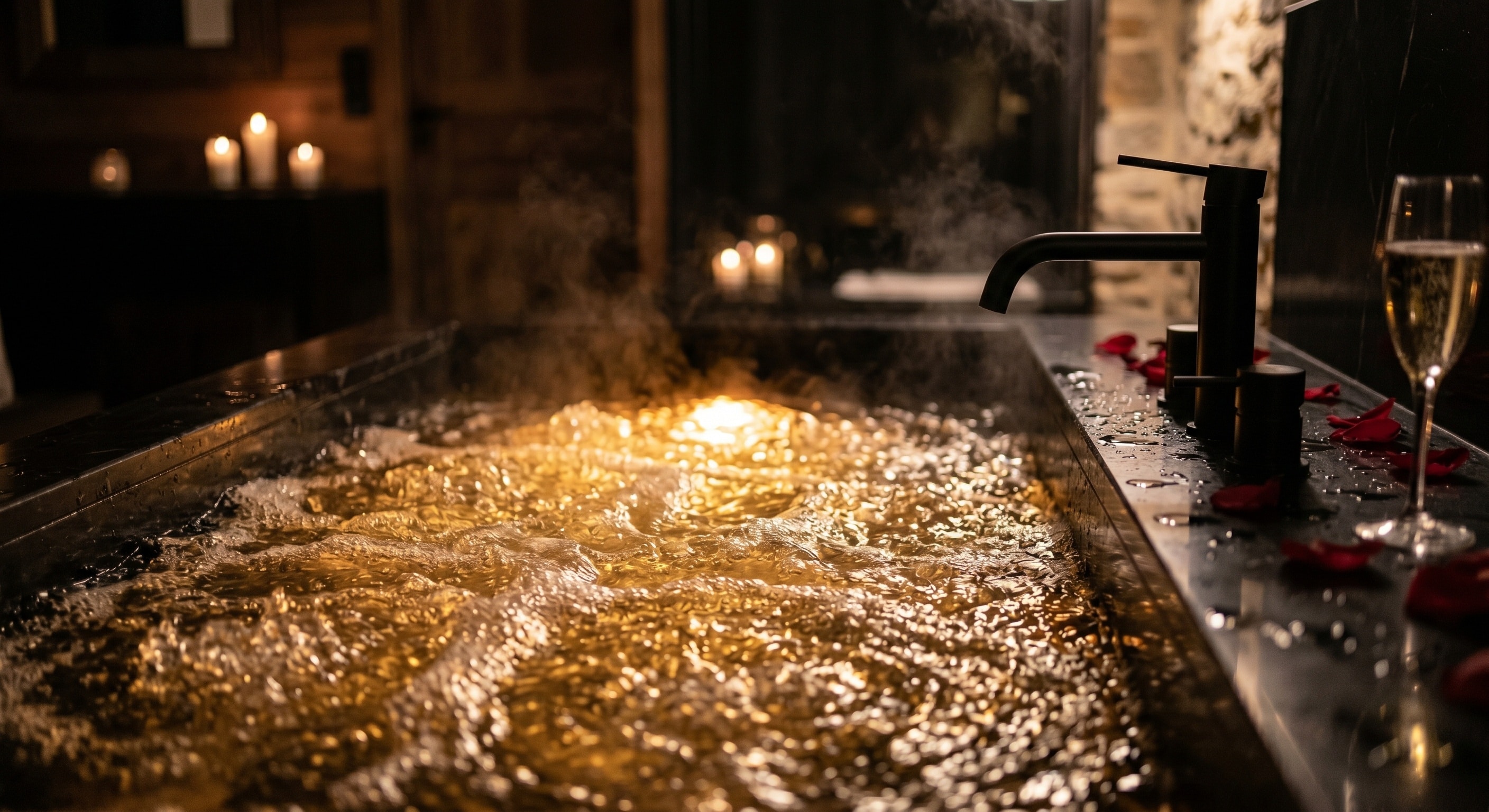 Jacuzzi privatif bouillonnant sous une douce chromothérapie ambrée pour préparer l'endormissement