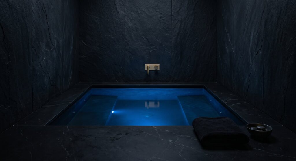 Jacuzzi privatif de luxe illuminé en bleu nuit profond illustrant l'apaisement mental du concept Blue Mind