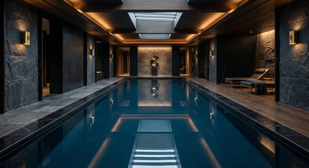 Luxueuse piscine intérieure privée en marbre noir et touches d'or pour une baignade exclusive en Day-Use-clean