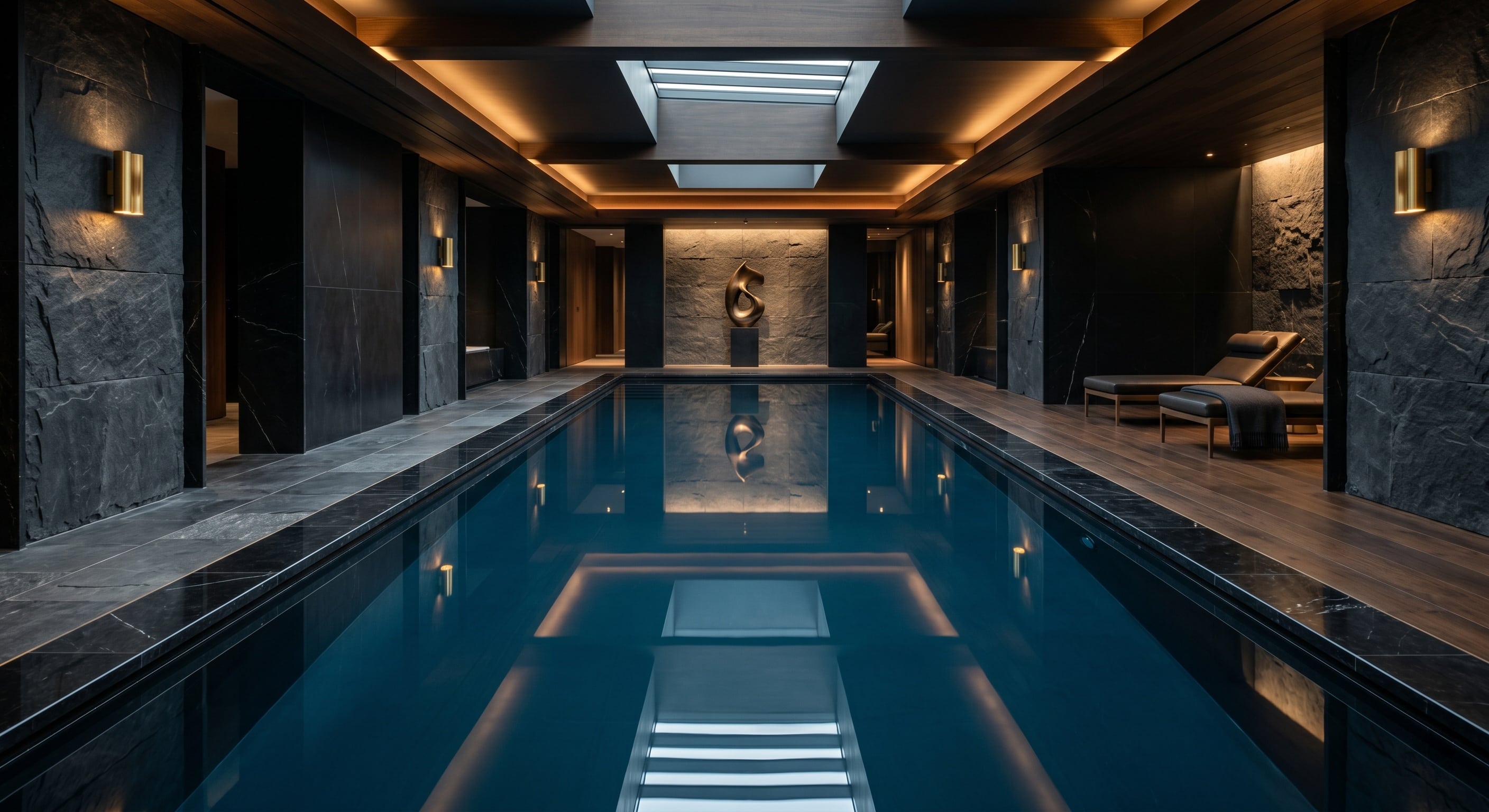 Luxueuse piscine intérieure privée en marbre noir et touches d'or pour une baignade exclusive en Day-Use-clean
