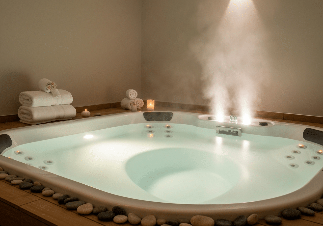 Jacuzzi privatif illuminé chaleureusement avec vapeur et reflets d'eau apaisants