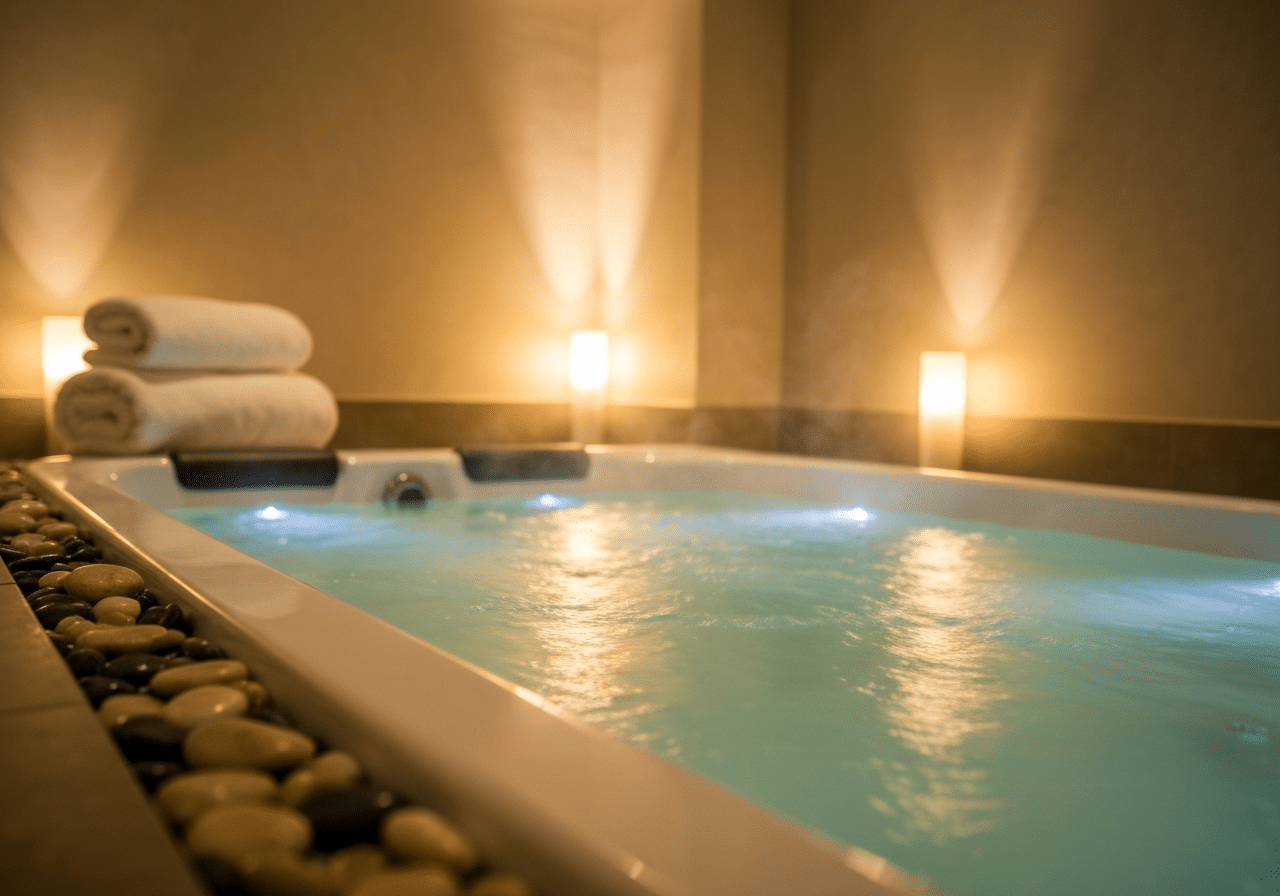 Jacuzzi privé vapeur avec galets et lumière tamisée pour détente complète