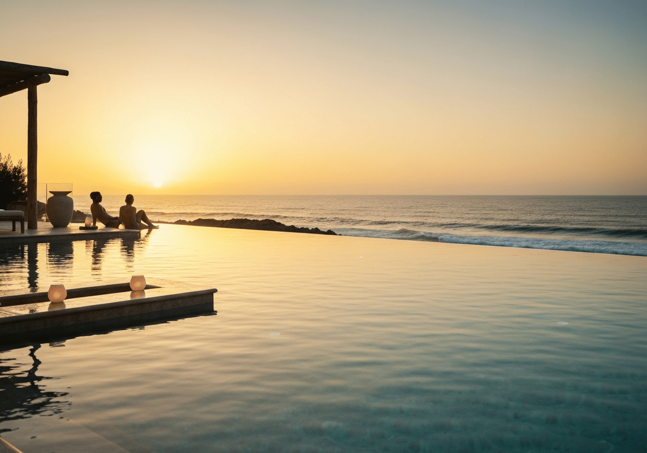 Bien-être bord de mer : bassin spa privé face à l'océan dans lumière dorée