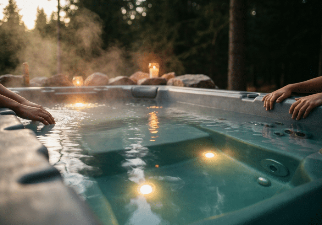 Jacuzzi fumant en extérieur au coucher de soleil avec éclairage LED chaud et ambiance romantique