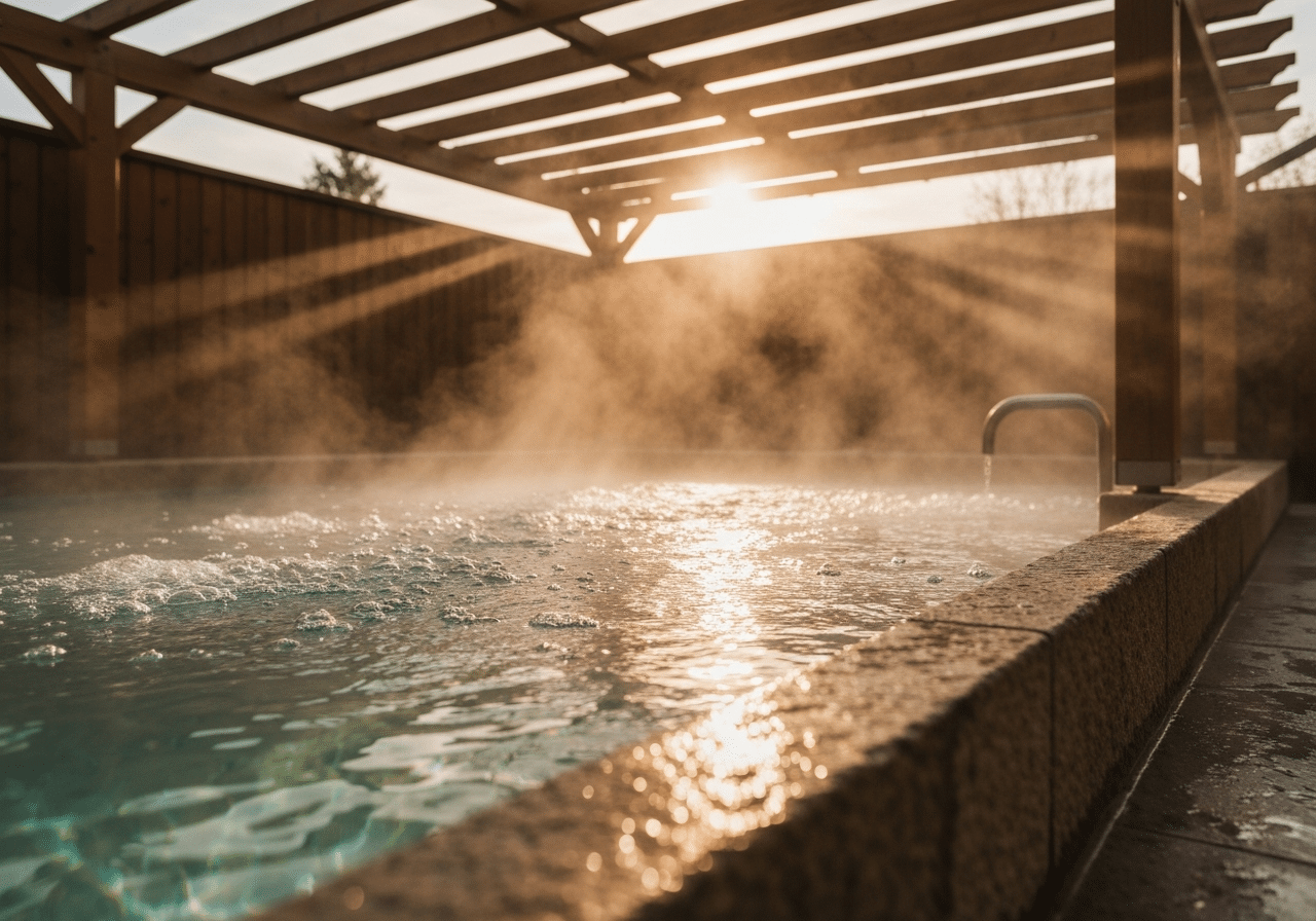 Bassin thermal privé avec vapeur dorée, lumière chaleureuse et détails aquatiques visibles