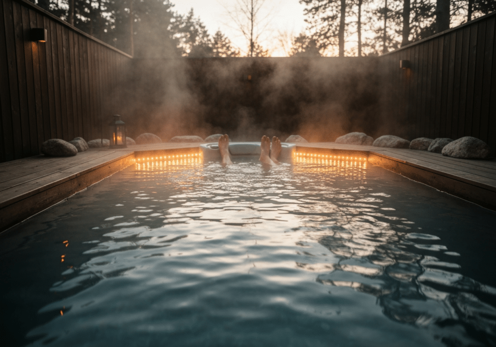 Jacuzzi privatif fumant avec éclairage LED doré, entouré de bois et pierre naturelle