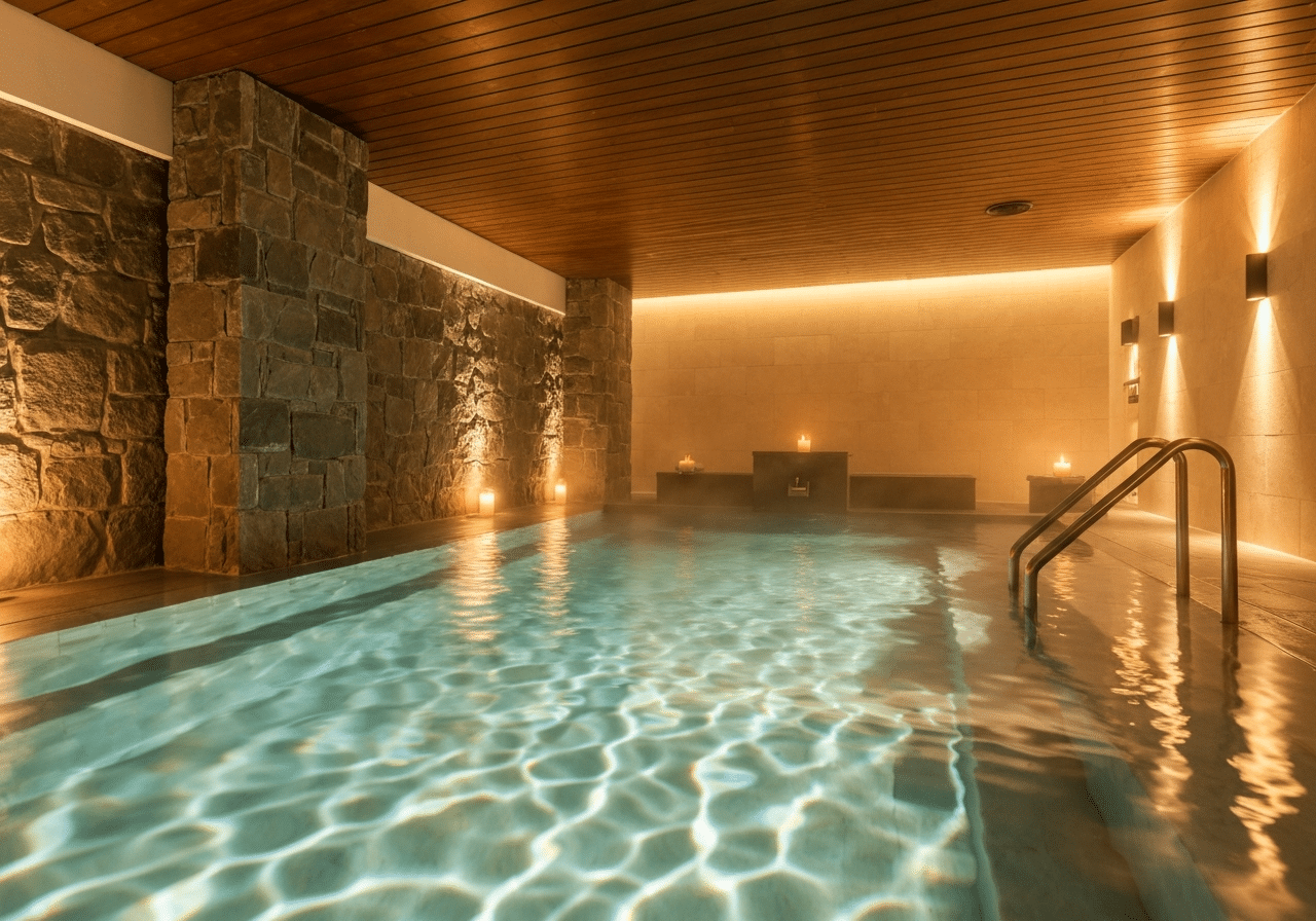 Bassin thermal intérieur ambiance zen, lumière chaleureuse, décor pierre et bois naturel