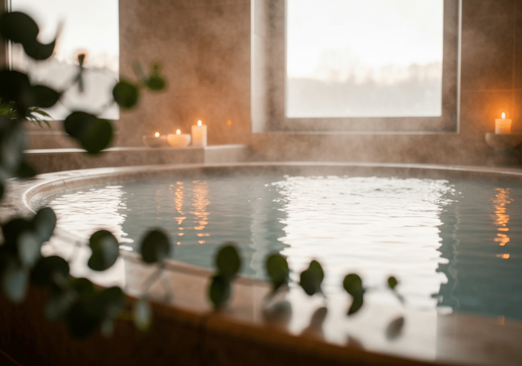 Bain thermal fumant à la lumière dorée, ambiance spa luxueuse et apaisante avec reflets de bougies