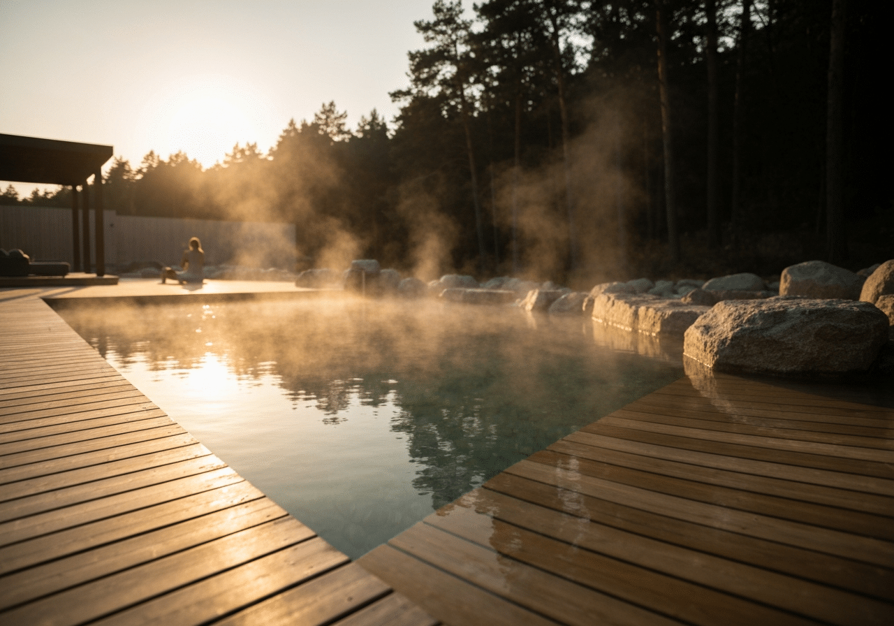 Bassin thermal en bord de mer au coucher de soleil, ambiance zen entre forêt et eau claire, luxe romantique