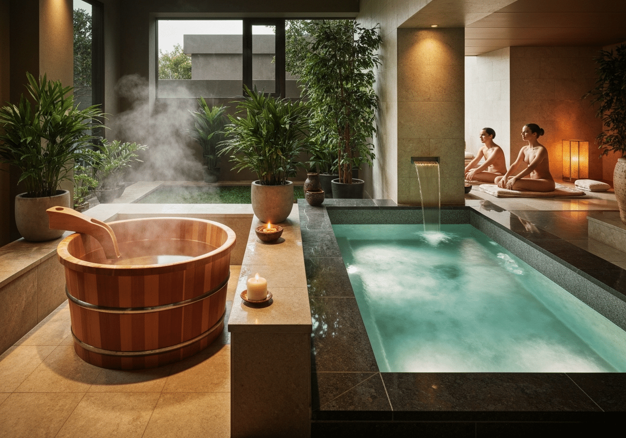 Protocole thermique spa chaud-froid dans cadre luxe bien éclairé et naturel