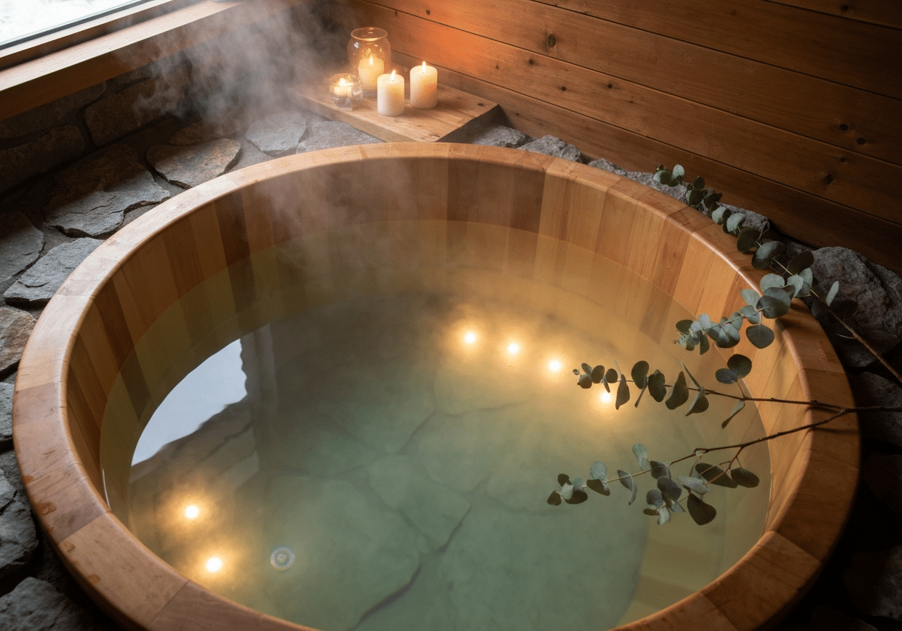 Bain chaud en bois fumant, lumière LED chaude, ambiance spa intime et luxueuse