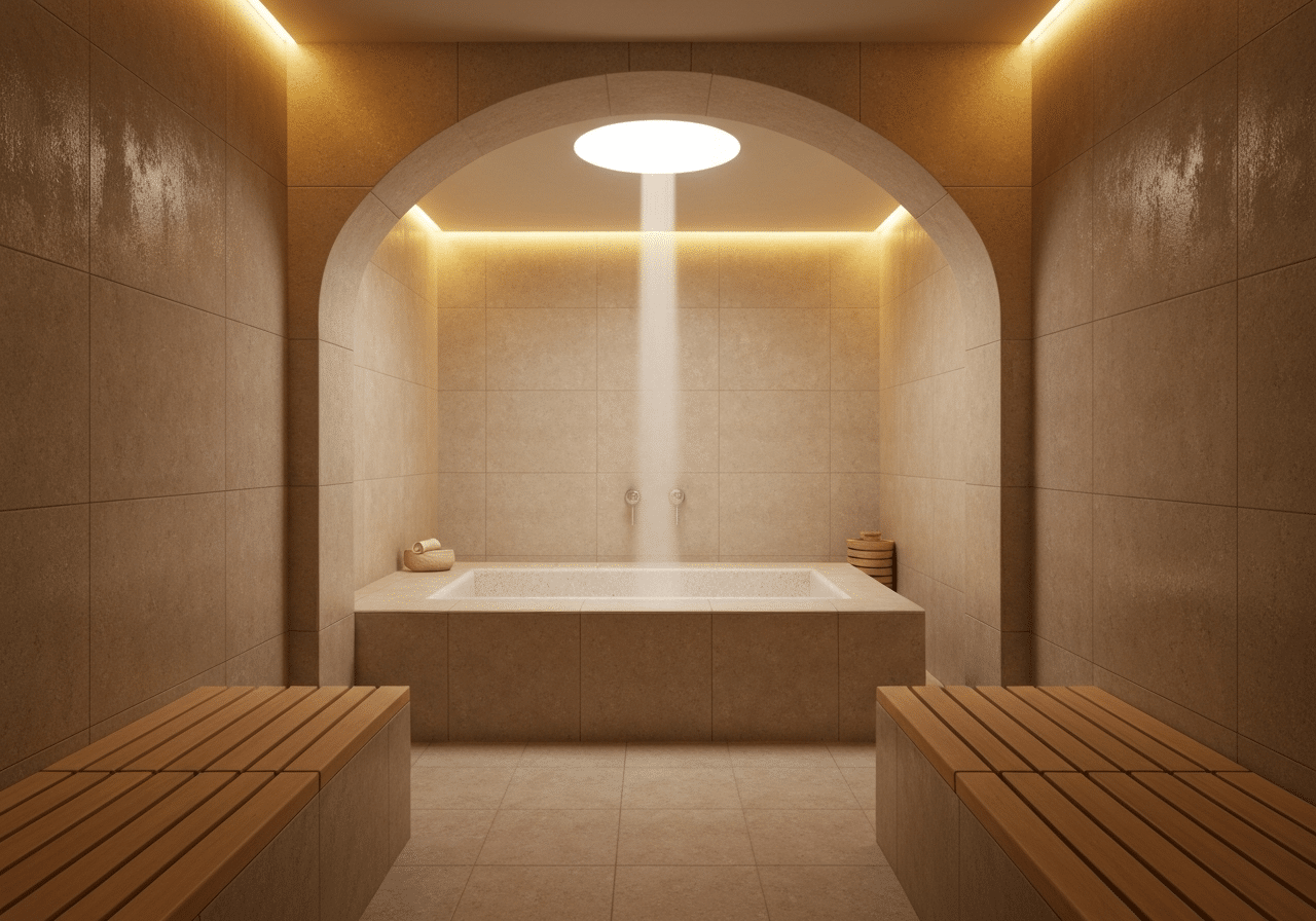 Hammam thalasso avec pierre chaude, vapeur douce et éclairage ambre chaleureux.