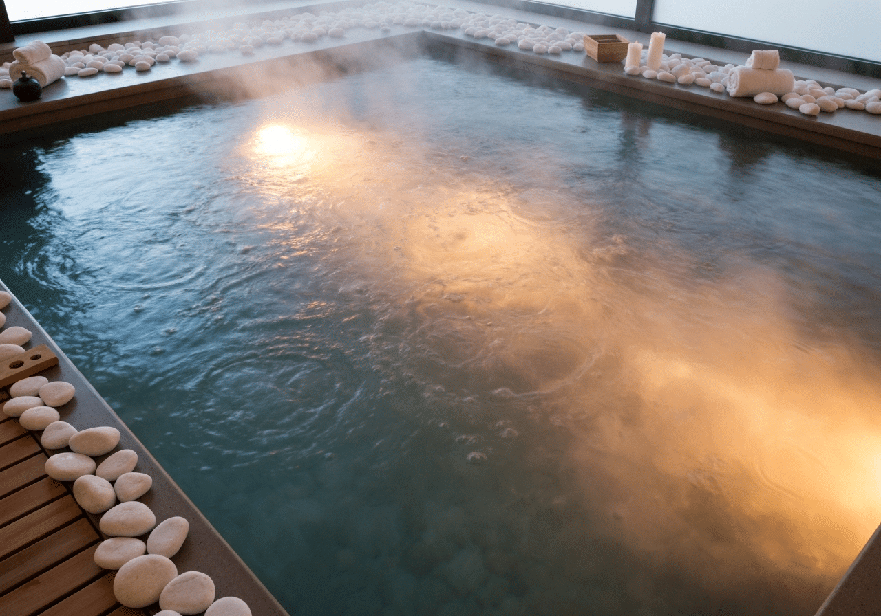 Bassin privatif thalasso d'eau de mer minérale, lumière ambrée sous l'eau, vapeur enveloppante