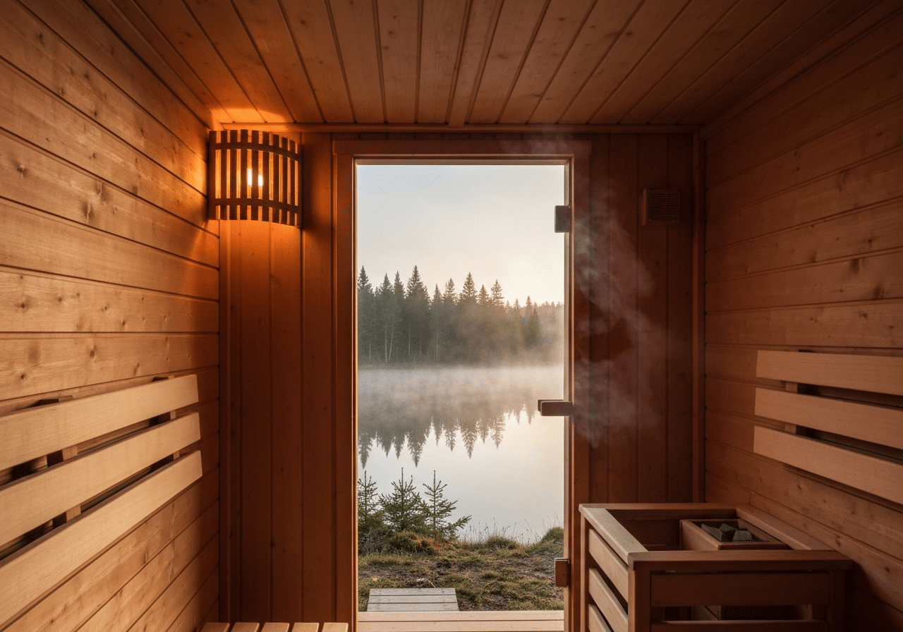 Sauna nordique en bois face à un lac forestier enveloppé de brume, lumière dorée apaisante