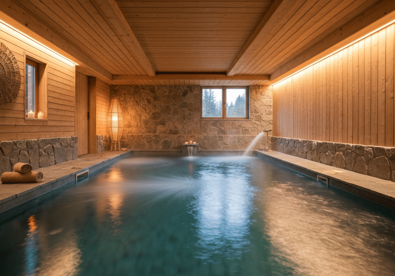 Bassin spa privatif aux lumières tamisées chaleureuses, entouré de bougies et pierre naturelle