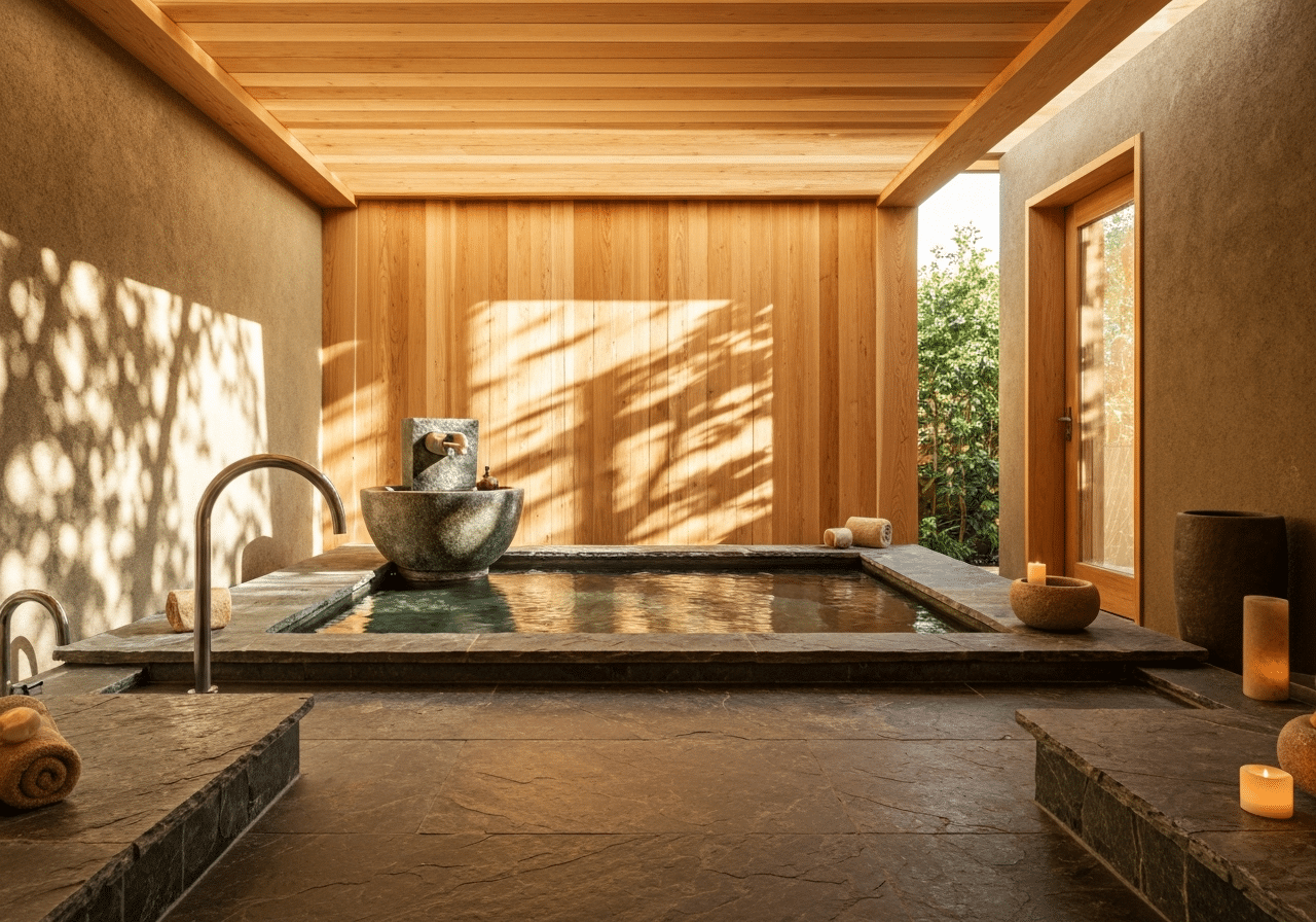Bassin spa écoresponsable en pierre naturelle et bois, ambiance minimaliste