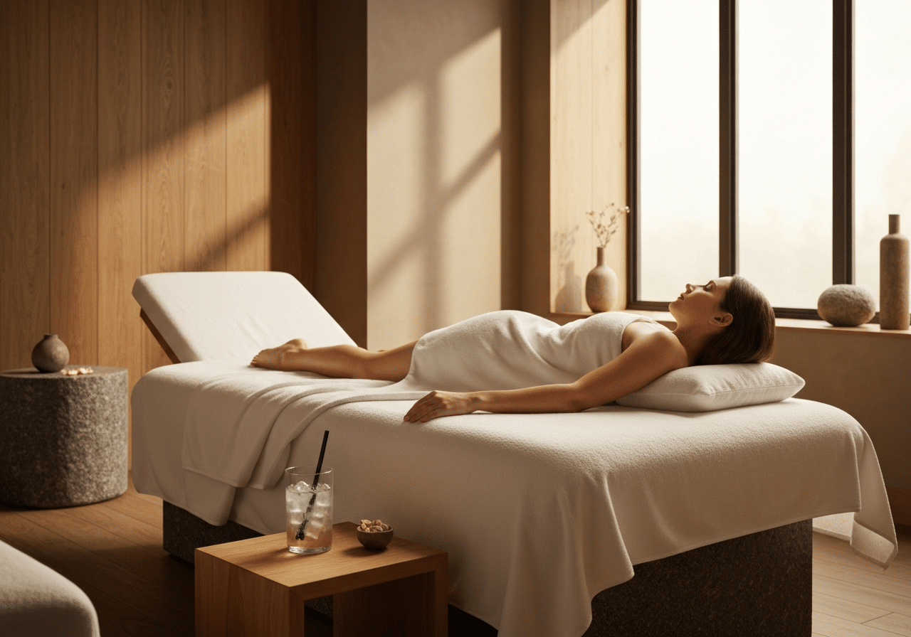 Femme reposant sur un lit de pierre chauffant avec boisson fraîche à proximité, spa épuré et apaisant.