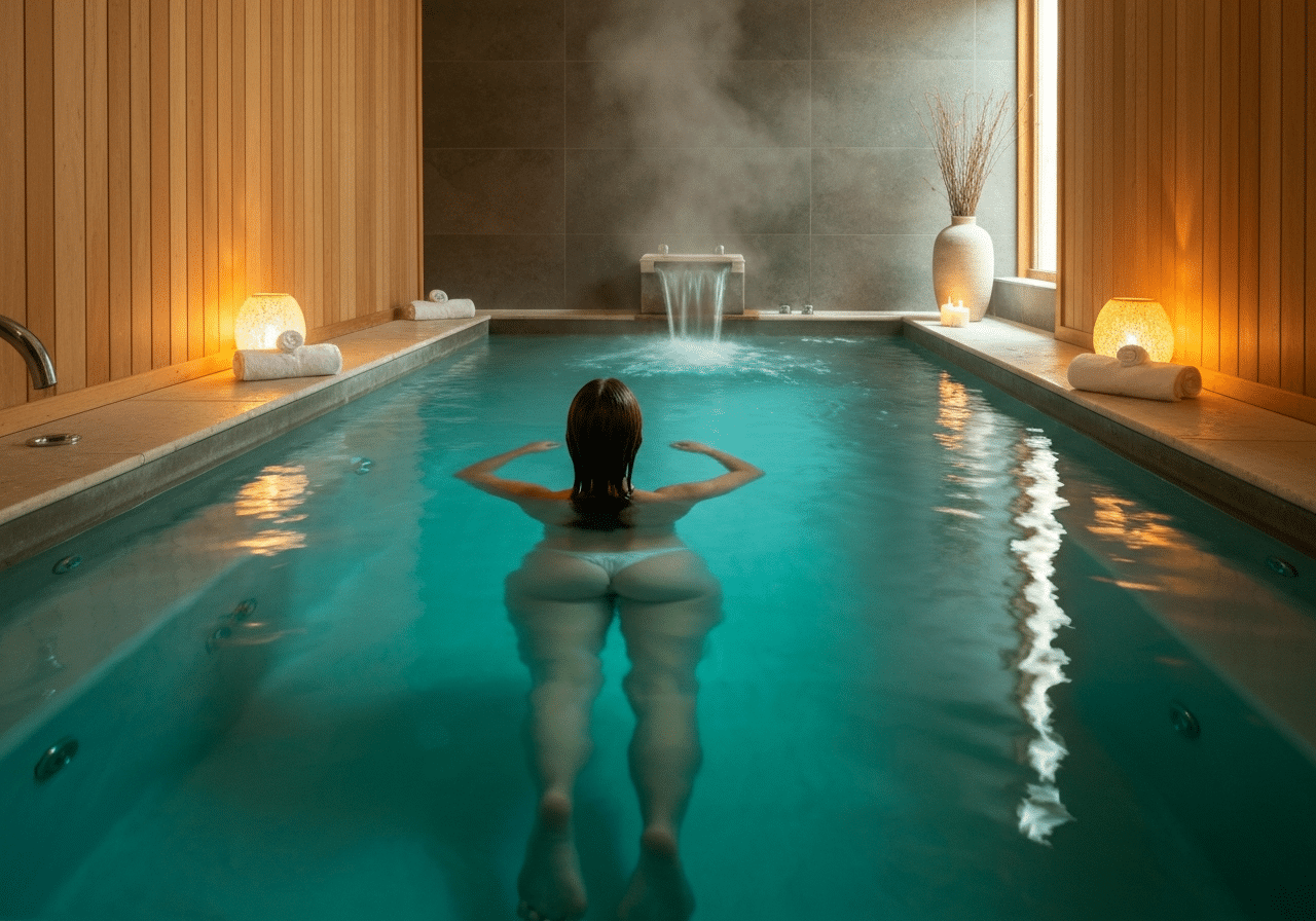 Bassin de head spa privatif illuminé de bleu-vert, atmosphère spa intime baignée de vapeur.
