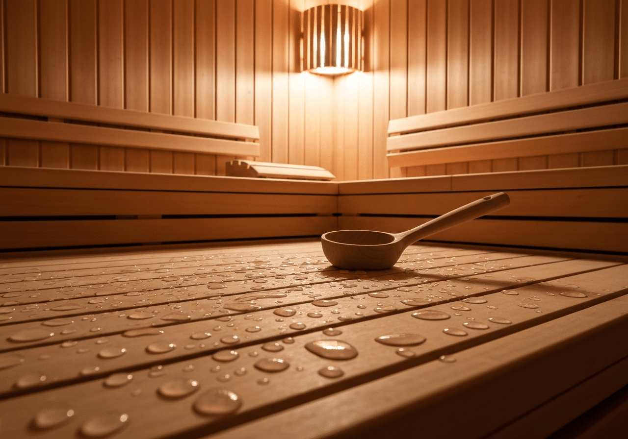 Intérieur de sauna en bois massif, gouttes d'eau brillantes sous lumière chaleureuse apaisante.
