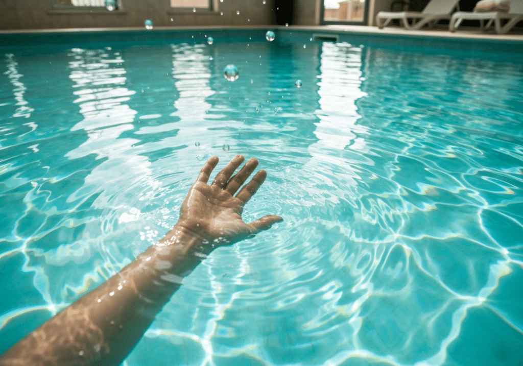 Main immergée dans l'eau pure d'une piscine privée, reflets dorés et scintillements lumineux