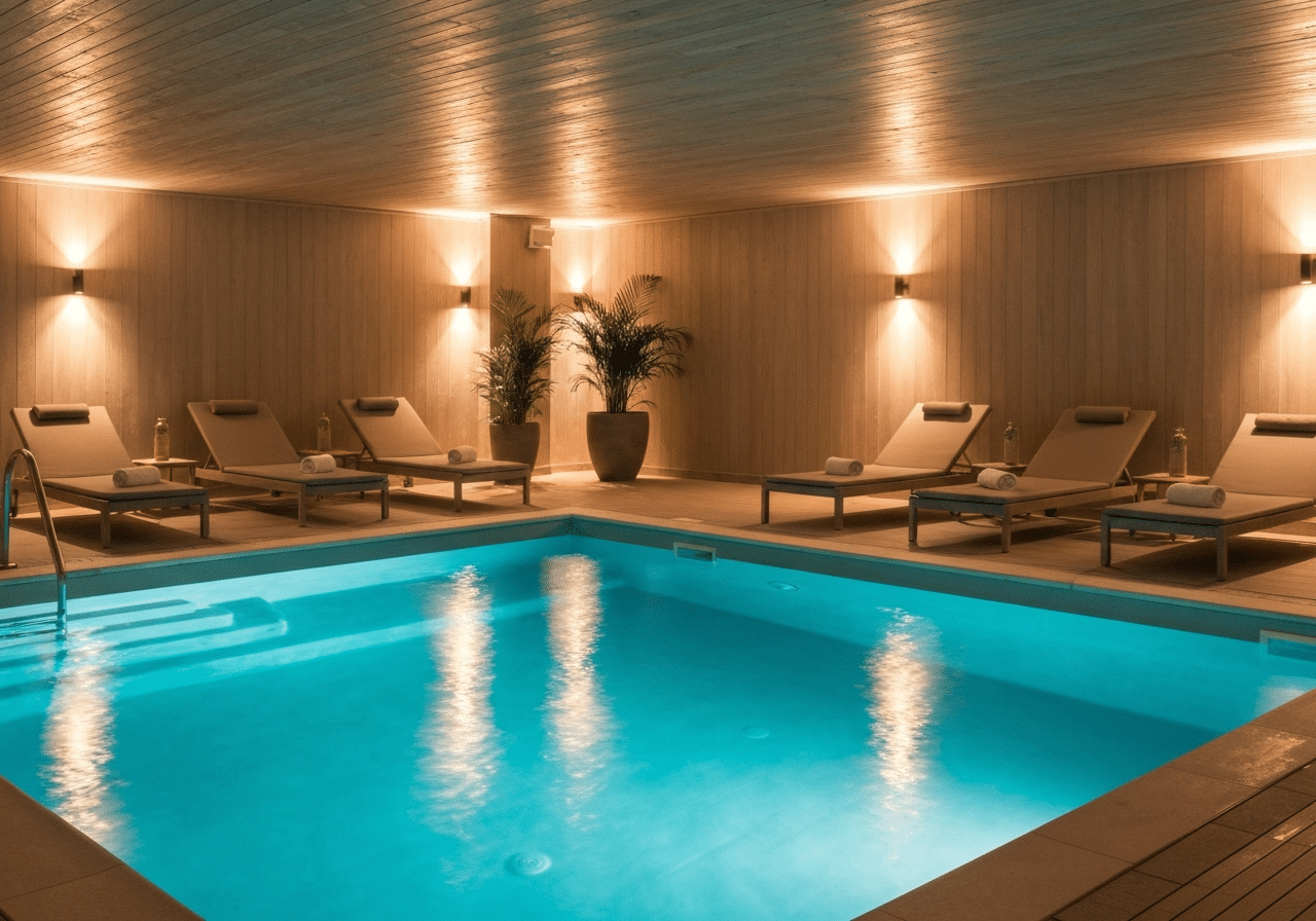Piscine privée bien éclairée avec chaises longues et serviettes, ambiance zen et accueillante
