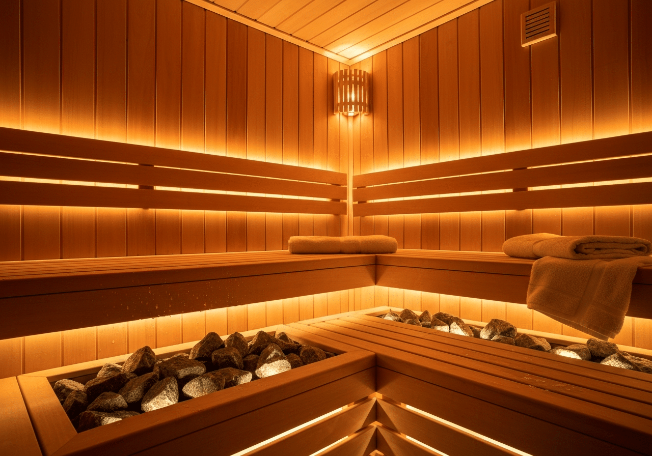 Intérieur sauna privatif en bois avec gouttes de condensation et éclairage LED ambré chaleureux