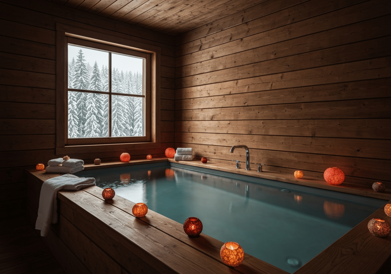 Bain nordique bois chambre love room, forêt enneigée, lumière chaude et bougies